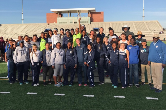 Coach Higgins (back row on the right with white hat) with the 2017 Falcons state championship team