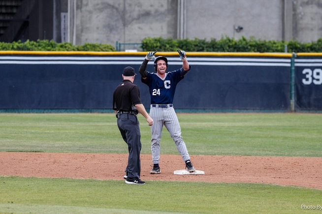 Brody Cuellar celebrates after he home three runs to lead the Falcons to a sweep of Allan Hancock