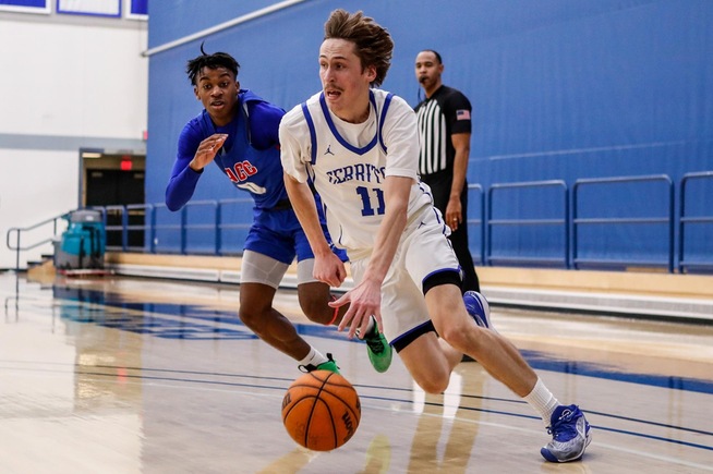 Everett May drives to the hoop for the Falcons in their 77-47 win over LA City College