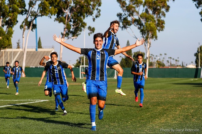 Pablo Caparelli (5) celebrates after scoring the third goal of the game for the Falcons